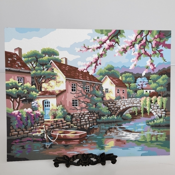 Village Canal Paint by Numbers 14 by 11 Acrylic Painting Finished - Picture 1 of 15